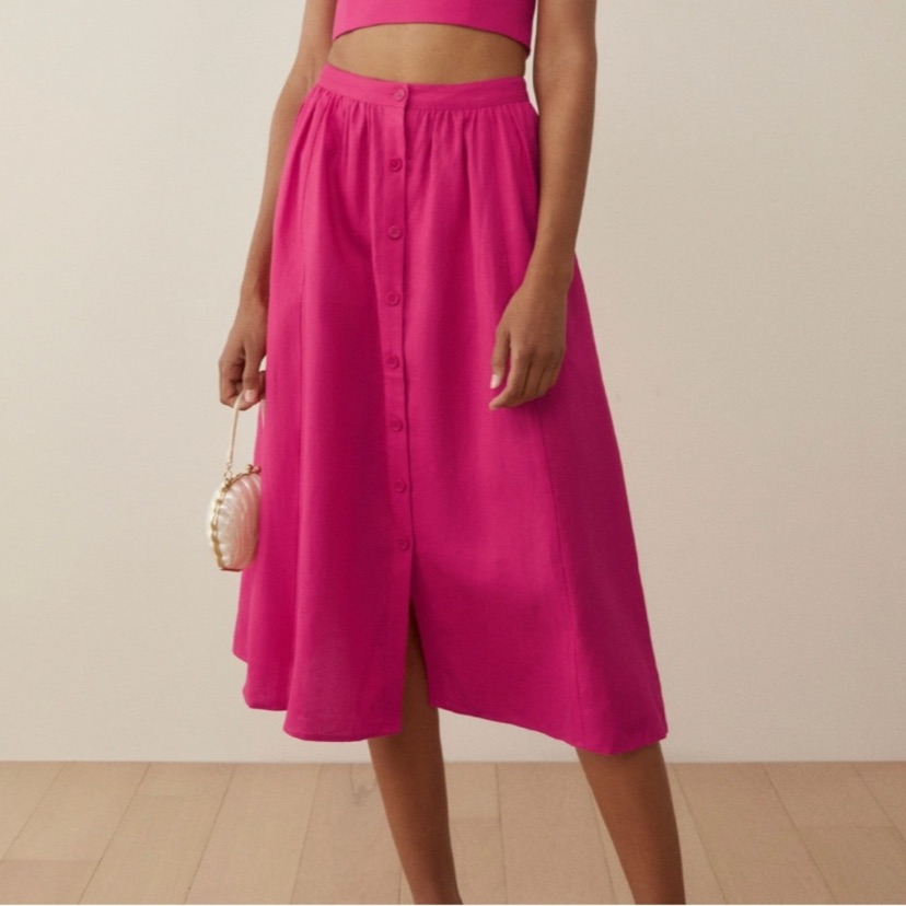 Reformation Orzo Hot Pink Button-Front Midi Skirt